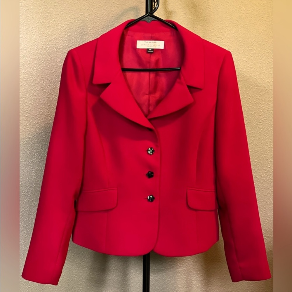 Tahari Red Blazer with Flower Shaped Buttons